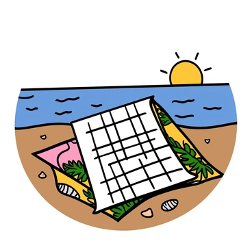 A colorful crossword puzzle resting on a bright beach towel that features a tropical pattern. The towel is spread out on a sandy beach, partially covered by the warm sun. In the background, there is a clear blue ocean with gentle waves lapping at the shore. The sun is shining brightly in a clear sky, casting soft shadows of the beach towel and the crossword puzzle. The scene evokes a relaxing beach atmosphere, with a few seashells scattered around the towel.