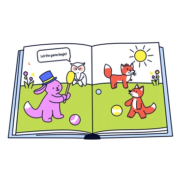 A storybook page featuring a vibrant croquet scene. In the center, a cheerful rabbit wearing a small top hat holds a croquet mallet. Nearby, a wise owl perched on a brightly colored ball observes the game. A playful fox stands ready to take its turn, with a grin on its face and its tail flicking in excitement. In the background, a sunny meadow is filled with colorful flowers and a gentle breeze rustles the grass. The animals are engaged in friendly conversation as they participate in the match. A small sign that reads “Let the game begin!” is visible in the corner of the illustration.