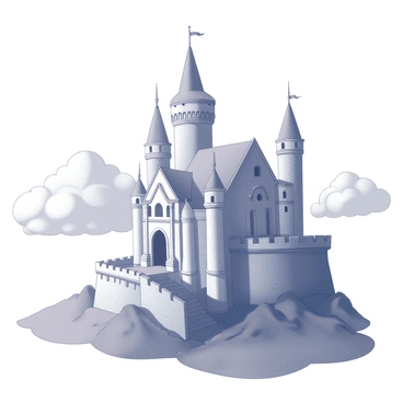 A majestic castle perched on a hill. The castle features tall, pointed towers with flags waving atop each. A large, arched doorway leads into the structure, flanked by intricate stonework. Surrounding the castle, thick clouds roll by, creating a dramatic atmosphere. The hill has a gently sloping terrain, with patches of grass and rock visible. The sky is partially obscured by clouds, lending a sense of depth to the scene.