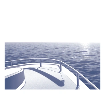 The deck of a yacht is visible, made of polished wood with a railing along the sides. The ocean stretches out endlessly, displaying gentle waves rolling across the surface. In the distance, the horizon meets the sky seamlessly, creating a sense of depth. Above, a clear sky is present, free of clouds, allowing the bright sun to shine down. The scene conveys a tranquil atmosphere, with the yacht lightly swaying on the water's surface.