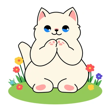 A small, fluffy cat with white fur and large, expressive blue eyes is sitting on a soft green grass patch. Its front paws are together, positioned as if performing "namaste," with little pink pads visible. The cat's ears are perked up, and it has a gentle, playful expression on its face. Around it, there are a few colorful flowers blooming, adding vibrant splashes of color to the scene. The sunlight is shining down, creating a warm and inviting atmosphere.