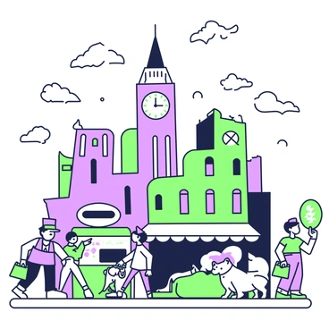 A cityscape filled with exaggerated buildings and whimsical characters stands prominently. The buildings have unique, uneven shapes with bulging roofs and elongated windows. A large clock tower at the center has a comically oversized clock face. On the streets below, a group of characters interacts, including a tall man with a top hat, a short woman carrying an oversized handbag, and a dog that seems to be walking on two legs. One character is pointing at a bizarrely shaped hotdog stand that has an unusually large sign. The sky above is filled with fluffy clouds and birds flying in amusing patterns.