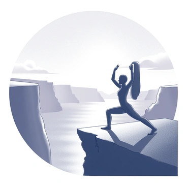 A person is positioned in a yoga pose on the edge of a cliff. The individual is wearing athletic attire and is focused, embodying a sense of tranquility. The background features a dramatic landscape with rugged cliff edges and a vast expanse of sky. The sun is setting in the distance, casting intricate shadows and highlighting the silhouette of the person. The scene captures a moment of peace and concentration amidst the natural setting.