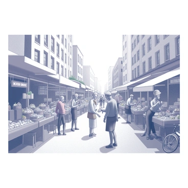 A busy city street market filled with various stalls and vendors. Each stall features colorful awnings and displays of fresh fruits, vegetables, and handmade goods. People are engaging in lively conversations, with some shopping and others browsing the items. A street performer is entertaining a small crowd, adding to the vibrant atmosphere. Bicycles and pedestrians fill the street, while tall buildings loom in the background. The scene is dynamic with movement and interaction, capturing the essence of urban life.