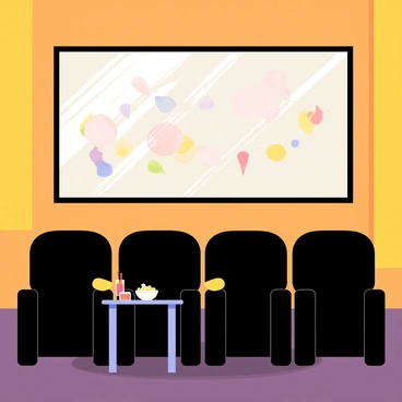 A cozy home theater room featuring a large rectangular screen mounted on the wall. The screen displays a colorful movie scene. In front of the screen, there are several plush black seating chairs arranged in a semi-circle. Each chair has thick cushions, providing comfort for viewers. Soft yellow lighting is installed on the walls, creating a warm ambiance. A small table next to the seating holds a bowl of popcorn and a couple of drinks. The floor is covered with a soft, dark carpet, enhancing the cozy atmosphere of the room.