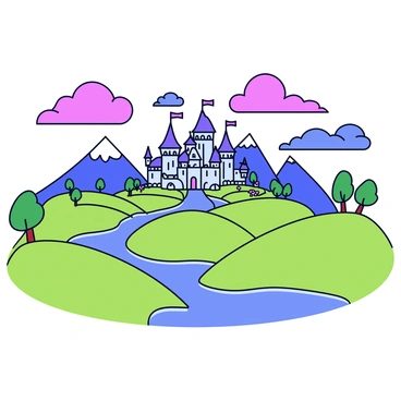 A fantasy landscape featuring rolling hills covered in vibrant green grass. In the background, there are tall, majestic mountains with sharp peaks. Above the kingdom, there are colorful vapor clouds in shades of pink, purple, and blue swirling gracefully through the sky. The kingdom itself is composed of whimsical castles with tall spires, surrounded by lush gardens filled with blooming flowers. A river meanders through the landscape, reflecting the colors of the clouds above.