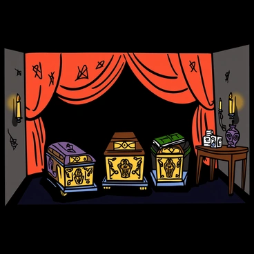 A vampire's lair with velvet drapes, ornate coffins, and flickering candlelight