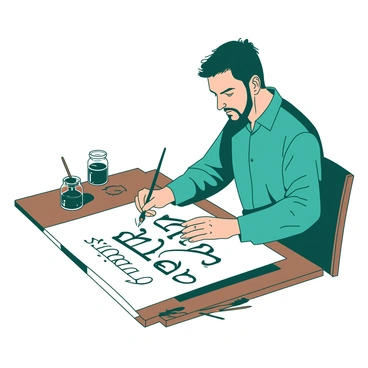 A teal calligrapher is seated at a wooden table, focused on demonstrating elegant writing styles on a large white scroll laid out in front of him. The scroll is partially filled with intricate black lettering and flourishes, showcasing various styles of calligraphy. The calligrapher is holding a delicate brush in his right hand, and his left hand is gently guiding the scroll. Beside him, there are several jars of ink in different sizes, each labeled, and a few brushes of varying widths scattered across the table. Natural light is softly illuminating the scene, highlighting the graceful movements of the calligrapher’s hands.