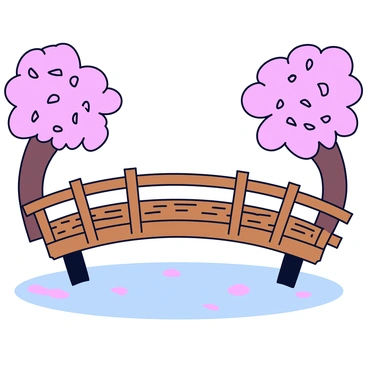 A rustic wooden bridge with weathered planks arching over a clear stream. The bridge features sturdy wooden railings on both sides. On either side of the bridge, cherry blossom trees are in full bloom, with delicate pink flowers covering the branches. Petals gently fall from the trees, creating a soft carpet on the ground beneath. The stream below reflects the pastel colors of the blossoms.