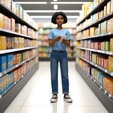 A shopper with medium skin tone and short hair, wearing a blue t-shirt and denim jeans, stands in a brightly lit supermarket aisle. She is looking intently at various cereal boxes displayed on the shelves. The shelves are filled with colorful cereal packaging from different brands, showcasing a variety of designs and logos. The shopper holds a box of cereal in one hand and has a thoughtful expression on her face as she compares it with another box in her other hand. The aisle has a polished floor and is lined with bright overhead lights, creating a welcoming shopping atmosphere.