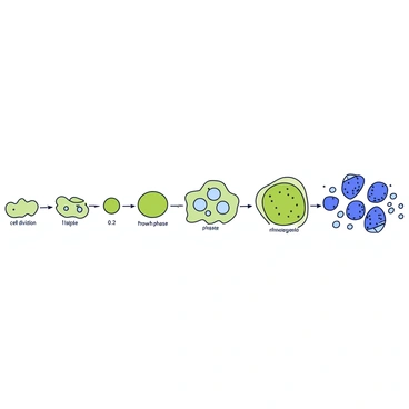 A horizontal timeline illustration featuring the lifecycle of a phytoplankton. The timeline begins on the left with tiny, oval-shaped cells representing the initial stage, depicted in soft green. Next, there are several stages illustrated, showing the growth of the phytoplankton, with rounded shapes gradually increasing in size and complexity, transitioning from a simple form to more intricate structures. Each stage is labeled with phrases such as "cell division" and "growth phase" in simple, clear fonts. The colors shift from light green to deeper shades, indicating the progression of the lifecycle. The final stage on the right showcases mature phytoplankton with distinct features, surrounded by small bubbles to represent the aquatic environment.