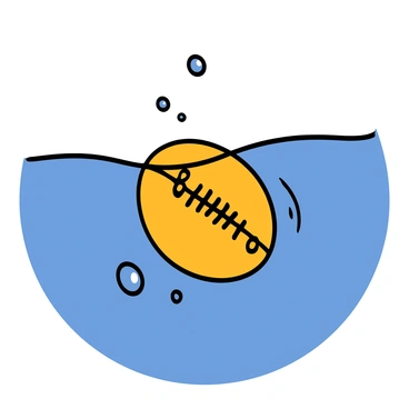 A rugby ball with distinctive stitching and a pattern of stripes is floating just below the surface of clear blue water. The sunlight is filtering through the water, creating shimmering patterns above the ball. Small bubbles can be seen rising to the surface as the ball gently bobs in the water. The surroundings are filled with a tranquil blue hue, highlighting the clarity and depth of the water.