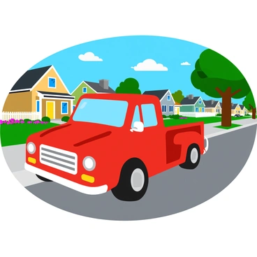 A bright red truck parked parallel to the curb on a quiet suburban street. The truck has shiny chrome wheels and a clean, polished surface that reflects the surrounding neighborhood. Lining the street are a series of neatly arranged houses, each with well-maintained lawns and colorful flower beds in front. Some houses feature white picket fences and large trees casting gentle shadows on the pavement. A clear blue sky overhead complements the peaceful atmosphere of the scene.
