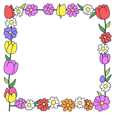 A decorative border filled with seasonal flowers. The border features vibrant tulips in shades of red, yellow, and pink, interspersed with cheerful white daisies. Chrysanthemums in various colors, including purple and orange, add depth to the design. The flowers are arranged in a continuous pattern, creating a lively and colorful frame.