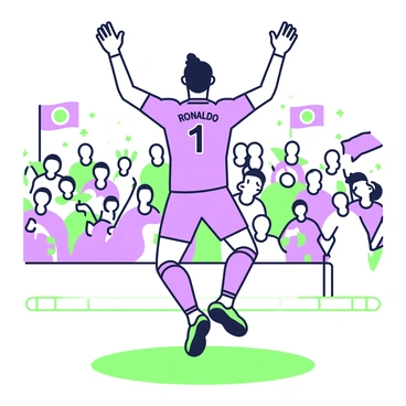 Cristiano Ronaldo is in mid-air, executing his iconic 'Sii' jump after scoring a goal. He is wearing his team's jersey with a number on the back. His arms are raised high above his head, showcasing his excitement. The background captures a blurred stadium filled with fans, some waving flags and banners. The grass of the pitch is visible beneath him, emphasizing the action of the moment. The scene conveys the intensity of the celebration and the significance of the achievement.