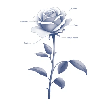 A scientific diagram of a rose flower is presented. The diagram includes labeled sections for the "petals," which are delicately shaped and arranged in a circular pattern around the center, demonstrating their layered structure. The "stem" is depicted as a robust, elongated structure that supports the flower, with visible thorns along its length. The "leaves" are illustrated as broad, serrated structures, attached to the stem, showcasing their distinct veining and texture. The entire diagram is rendered in monochrome, emphasizing the intricate details of each anatomical part.