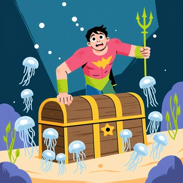 Aquaman is diving deep underwater, revealing a treasure chest partially buried in the sandy ocean floor. The chest is made of aged wood, adorned with gold accents and intricate carvings. Surrounding the chest, there are numerous bioluminescent jellyfish, glowing softly in shades of blue and green. Their tentacles float gracefully in the water, illuminating the nearby surroundings. Aquaman, depicted with his signature trident, has a look of astonishment on his face as he reaches towards the chest. Bubbles rise around him as he explores this hidden treasure, creating a dynamic and intriguing underwater scene.