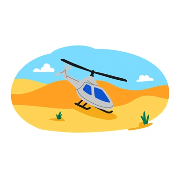 A sleek helicopter with a shiny metallic exterior is touching down on a smooth sandy surface. The blades of the helicopter are in motion, creating a slight disturbance in the air around it. In the background, there are soft, rolling sand dunes that stretch towards the horizon, their curves highlighted by the warm sunlight. A few sparse desert plants can be seen among the dunes, adding subtle shades of green to the golden landscape. The sky above is a clear blue with a few fluffy white clouds.