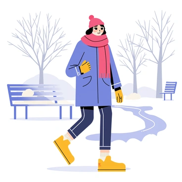 A woman bundled up in colorful winter clothing, wearing a thick red scarf and a matching red beanie. She has on a warm, puffy blue coat, with thick gloves on her hands. The woman is walking through a snowy park, where snow covers the ground and branches of trees. Flakes are gently falling from the sky, adding to the serene winter atmosphere. In the background, there are snow-covered benches and a path winding through the park. A few bare trees with delicate snow dusting on their branches frame the scene.