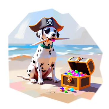 A dalmatian dog with distinct black spots is dressed as a pirate. The dog is wearing a pirate hat adorned with a skull and crossbones emblem. An eye patch covers one eye, adding to the adventurous look. The dalmatian is playfully holding a toy sword in its mouth, and its tail is wagging enthusiastically. The setting features a beach backdrop with soft sand and gentle waves in the distance. A treasure chest is nearby, partially open, revealing colorful faux jewels spilling out.