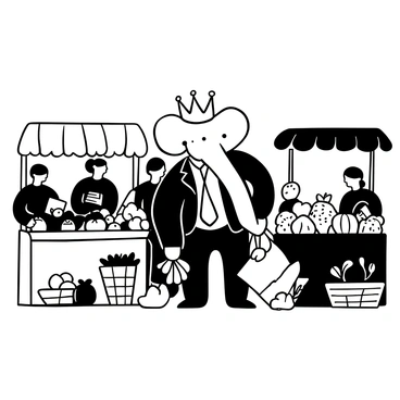 "An elephant wearing a crown and a suit, holding a shopping bag, stands in a vibrant market. Stalls filled with fresh fruits and vegetables are arranged around him. Friendly vendors are seen offering their produce. There are colorful displays of apples, oranges, and greens, along with baskets overflowing with vegetables. The scene is lively with various market-goers interacting, while the elephant inspects a bunch of bananas."