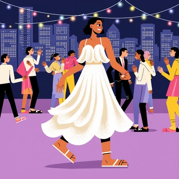 A woman wearing a "sparkly ruffle dress" is dancing joyfully under "bright city lights" at a "rooftop party". The dress features multiple layers of shimmering fabric that catch the light with every movement. In the background, the skyline is filled with "tall buildings" illuminated by colorful lights. Guests at the party are seen mingling and enjoying the festive atmosphere, and there are "string lights" overhead adding to the vibrant ambiance.