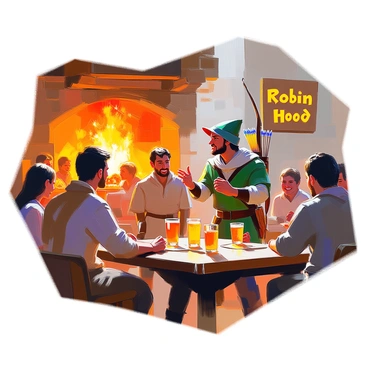A lively tavern setting filled with rustic wooden tables and benches, dimly lit by flickering candles. In the center, "Robin Hood," a man dressed in green attire with a feathered cap and a quiver of arrows slung over his shoulder, stands confidently. He is facing a young man with eager eyes, who is wearing rough, peasant clothes. Surrounding them, patrons of the tavern are engaged in spirited conversations, some laughing and others focused on their drinks. A fireplace crackles in the background, casting a warm glow over the scene. On a wall, a large wooden sign displays the tavern's name in bold letters. The atmosphere is filled with excitement and camaraderie as Robin gestures animatedly, inviting the young man to join his band of outlaws.