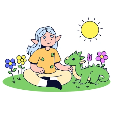 An elf with long, flowing hair sits cross-legged in a green meadow. The elf is wearing a simple tunic adorned with leaf patterns. Beside the elf is a small dragon with vibrant green scales, curled up contentedly. The dragon has large, expressive eyes and tiny, delicate wings tucked close to its body. Surrounding them are a variety of colorful flowers blooming in the grass. The sun shines down gently, casting soft shadows around them.