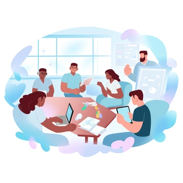 A diverse group of individuals is engaged in various activities within a shared workspace. One individual with curly hair is typing on a laptop at a wooden desk. Nearby, a person with glasses is sketching on a notepad, surrounded by colorful markers. Another individual, wearing headphones, is sitting in a cozy corner with a tablet. In the background, a person is discussing ideas with a colleague while looking at a large whiteboard filled with notes and diagrams. The workspace has large windows allowing natural light to fill the area, and plants are scattered throughout, adding a touch of greenery.