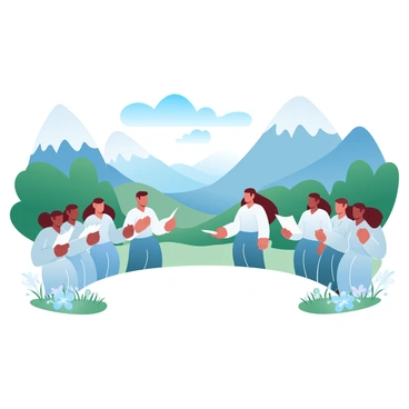 A group of singers in matching outfits is standing in a semicircle at a mountain retreat. Each singer is holding sheet music and appears to be engaged in singing together. Behind them, there are towering mountains with lush greenery and a clear blue sky above. The expansive valley below can be seen with rolling hills and patches of wildflowers. The scene captures the harmonious blend of music and nature in a serene setting.