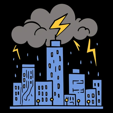 A city skyline featuring tall skyscrapers with varying architectural designs. In the foreground, the tallest building is prominently displayed, with a flash of lightning striking the top. The sky is dark and stormy, filled with thick, swirling clouds in shades of gray and black. Bright flashes of lightning illuminate the scene, creating dramatic contrasts against the buildings. Streetlights below are flickering, and raindrops are starting to fall, adding to the intensity of the moment.
