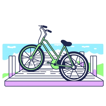 A black bike is resting on a weathered wooden boardwalk. The bike is positioned at an angle, showcasing its sleek frame and handlebars. In the background, the ocean can be seen, with gentle waves lapping against the shore. The boardwalk extends further along the water, leading towards the horizon. A few wooden posts are visible along the sides of the boardwalk, adding to the seaside atmosphere. The scene is set during the day, with clear skies above.