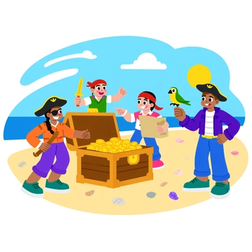 A group of four children dressed as pirates is gathered around a large, wooden treasure chest on a sandy beach. One child, wearing a black eye patch and a striped shirt, is lifting the lid of the chest, revealing gold coins and sparkling jewels inside. Another child, sporting a red bandana and wooden sword, is pointing excitedly at the treasure. The third child, with a toy parrot perched on their shoulder, is holding a map, examining it closely. The fourth child, wearing a captain's hat, stands with hands on hips, looking proudly at the treasure. The sun is shining brightly in a clear blue sky, and there are seashells scattered across the sand around them.