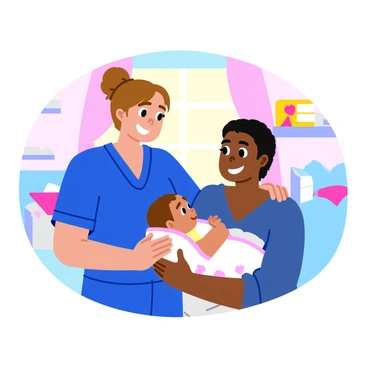 A caring midwife with light brown hair tied back in a bun is gently guiding a new parent as they hold their newborn baby for the first time. The midwife is wearing a bright blue scrubs and has a warm smile. The new parent, a young person with short black hair, is cradling the baby in their arms, looking down with a look of wonder and joy. The baby, with soft, delicate features, is wrapped in a white blanket with a pastel-colored pattern. The background features a cozy nursery setting, with soft sunlight streaming through a window, illuminating the room filled with pastel-colored decorations.