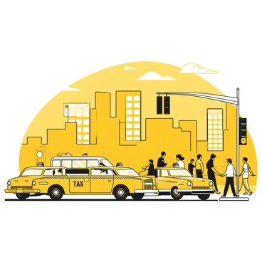 A line of yellow taxis waiting at a cab stand in a busy downtown area