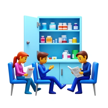 A clinic's medicine cabinet with an open door, revealing organized shelves filled with various prescription bottles and boxes. Some pills are scattered on the countertop, indicating recent use. In the foreground, a few worried patients are seated in the waiting area, glancing at the cabinet with concern on their faces. One patient is tapping their foot anxiously, while another is reading a brochure about medical services. The room is brightly lit, creating a clinical atmosphere.