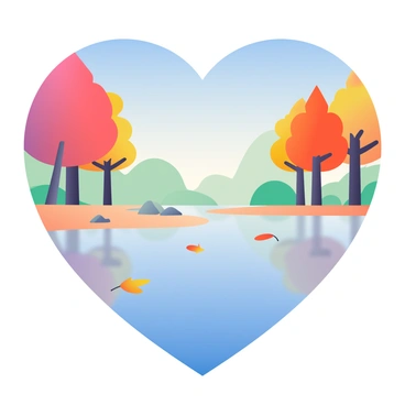 A heart-shaped lake with a calm surface reflects the bright blue sky above. Surrounding the lake are tall trees displaying vibrant autumn foliage in shades of red, orange, and yellow. The leaves gently sway in the breeze, casting soft shadows on the ground. A few fallen leaves float on the water's surface, creating a mix of colors. In the background, a small sandy area leads into the water, and a few rocks are scattered along the shore. The overall scene conveys a sense of peacefulness and natural beauty.