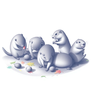 A group of prairie dogs is actively gathering fallen acorns and leaves. The prairie dogs are small, with fur that is well-defined and textured, showing their stocky bodies and bushy tails. They are positioned in a grassy area, with some prairie dogs standing upright, while others are crouched down, collecting acorns with their paws. The ground is scattered with colorful leaves, creating a rich, textured surface. The acorns are various sizes, round and with a rough surface. The sky above is clear, adding to the atmosphere of a bright autumn day.