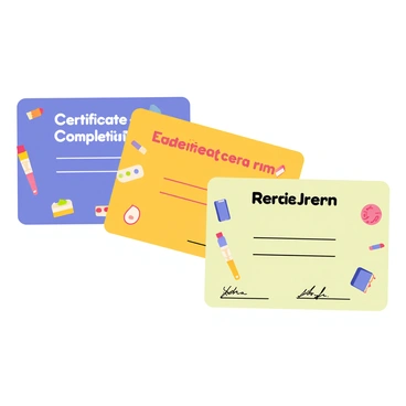 A series of certificates for digital art completion, each featuring a distinct color palette and playful design. The first certificate has a vibrant blue background with "Certificate of Completion" written in bold, cheerful letters at the top. The second certificate showcases a bright orange background with decorative doodles of art supplies like paintbrushes and palettes surrounding the text. The third certificate features a soft green color with whimsical illustrations of digital devices and creative elements. Each certificate includes a space for the recipient's name and a signature area at the bottom, designed to stand out with contrasting colors.