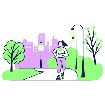 A jogger is running on a path before dawn. The jogger is wearing a fitted athletic outfit and running shoes. Streetlights line the path, casting a soft glow that illuminates the surroundings. The path is flanked by trees with silhouetted branches against the early sky. In the distance, a few buildings are visible, their outlines softly illuminated by the streetlights. The jogger appears focused and determined as they move forward along the well-lit path.
