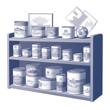 A collector's shelf featuring a diverse array of tinned fish. The shelf is made of dark wood and is organized with various cans neatly arranged. Each can displays distinct labeling that indicates its country of origin, showcasing different designs and typography. Some tins are round while others are rectangular, creating visual variation. The shelf also has decorative elements, like a small globe or postcards from the respective countries, enhancing the global theme. The lighting in the scene casts gentle shadows, emphasizing the surfaces and textures of the tins, while the background is softly blurred to keep the focus on the collection.