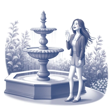 A young woman stands beside an elegant old fountain, which features intricate carvings and a tiered structure. She has a wide smile on her face, and her eyes sparkle with happiness as she sings. The woman has long flowing hair that cascades down her shoulders. The lush garden surrounding her is filled with various plants and flowers, offering a sense of richness and vibrancy. Sunlight filters through the leaves, casting dappled shadows on the ground. The water from the fountain flows gently, creating a serene backdrop to her joyful expression.