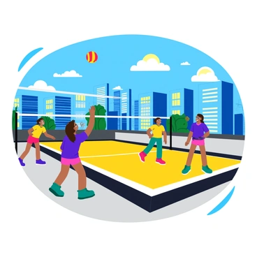 A vibrant rooftop volleyball court is set against a backdrop of a bustling city skyline. Two teams of players are actively engaged in the game, one team in bright blue jerseys and the other in sunny yellow. The volleyball is soaring high in the air, captured at the moment just before a player leaps to hit it. Below, the city buildings are varied in height and design, showcasing glass and concrete structures under a clear blue sky. Sunlight reflects off the windows of the tall buildings, adding a lively atmosphere to the scene.