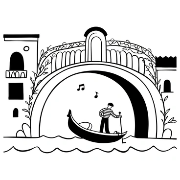 A gondolier in a striped shirt is rowing a wooden gondola beneath an arched stone bridge, surrounded by the rippling waters of a canal. The gondolier holds a long oar, maneuvering gracefully. Above, the bridge is adorned with intricate carvings and climbing vines. The gondola is decorated with a red cushion and features ornamental details. Musical notes float in the air around the gondolier, representing the traditional song he is singing. Along the canal, old buildings with balconies create a picturesque backdrop.
