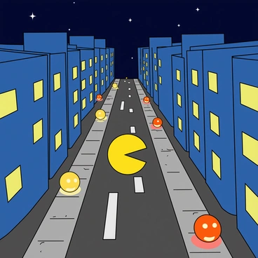 A yellow, round character with a large mouth, resembling Pac-Man, is navigating through a city-themed maze. The maze consists of tall, blue skyscrapers on either side, with various windows glowing in different colors. Bright street lights are positioned along the pathways of the maze, illuminating the scene with a warm glow. There are a few scattered dots on the ground, representing pellets, as well as larger, glowing power pellets placed strategically throughout the maze. The background features a dark blue sky with a few stars twinkling, adding to the nighttime city atmosphere.