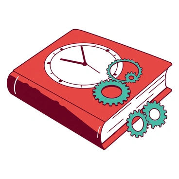 A red book with a large clock face illustrated on its cover. The clock has intricate black hour and minute hands pointing to a specific time. Surrounding the clock face are several visible gears in a contrasting teal color, turning and interlocking as they revolve around the book. The gears vary in size, adding depth and complexity to the composition. The book is positioned upright, showcasing the detailed clock design prominently.
