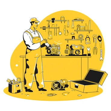 A garageman standing at a workbench, wearing a work apron and gloves. He is focused intently on repairing a small engine in front of him. Surrounding the workbench are various spare vehicle parts, including wheels, gears, and an engine block. Numerous tools are organized on the walls in the background, including wrenches, screwdrivers, and pliers. The floor is scattered with oil stains and small parts. A toolbox sits open nearby, filled with additional tools ready for use.