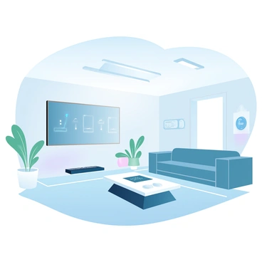 A spacious living room with sleek furniture is filled with various smart home devices. A large, flat-screen television is mounted on the wall, displaying energy usage statistics. A modern coffee table has a multi-functional smart hub at its center, with glowing icons indicating connectivity. Soft, ambient lighting is provided by ceiling-mounted LED fixtures, casting a warm glow throughout the room. A smart thermostat is mounted on the wall, showcasing a digital display of energy schedule settings. Potted plants are strategically placed around the room, adding a touch of greenery to the high-tech environment.