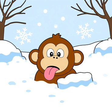 A cartoon-like depiction of a surprised monkey face with wide, expressive eyes and a small mouth open in amazement. The monkey has fluffy brown fur and long ears, adding to its playful appearance. It is situated in a bright, snowy landscape where large, soft snowflakes gently fall around it. The monkey is sticking out its pink tongue, attempting to catch the snowflakes as they descend. The ground is covered in a thick layer of white snow, with a few small snowdrifts and bare branches in the background.
