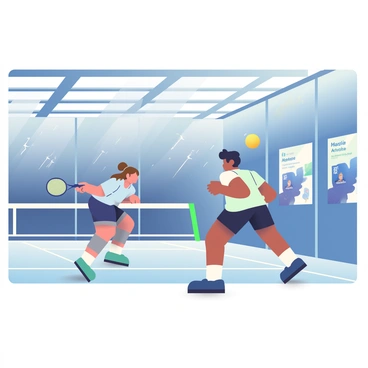 Players in a futuristic 3D indoor badminton court during a rainstorm outside